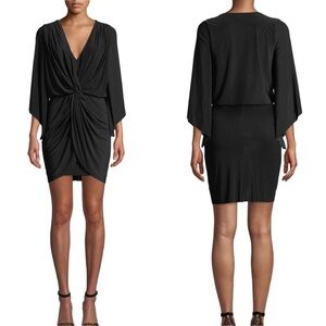 Misa black mini dress Teget knotted front ruching V-neck plunge angel sleeve L